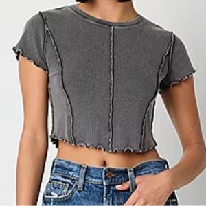 Arizona Womens Fitted L Short Sleeve Phantom Grey Ribbed T-Shirt Ruffled Hem